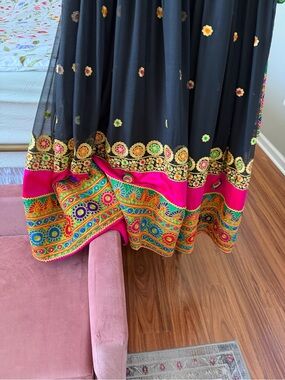 Black Embroidered Maxi Skirt with Multicolor Border
